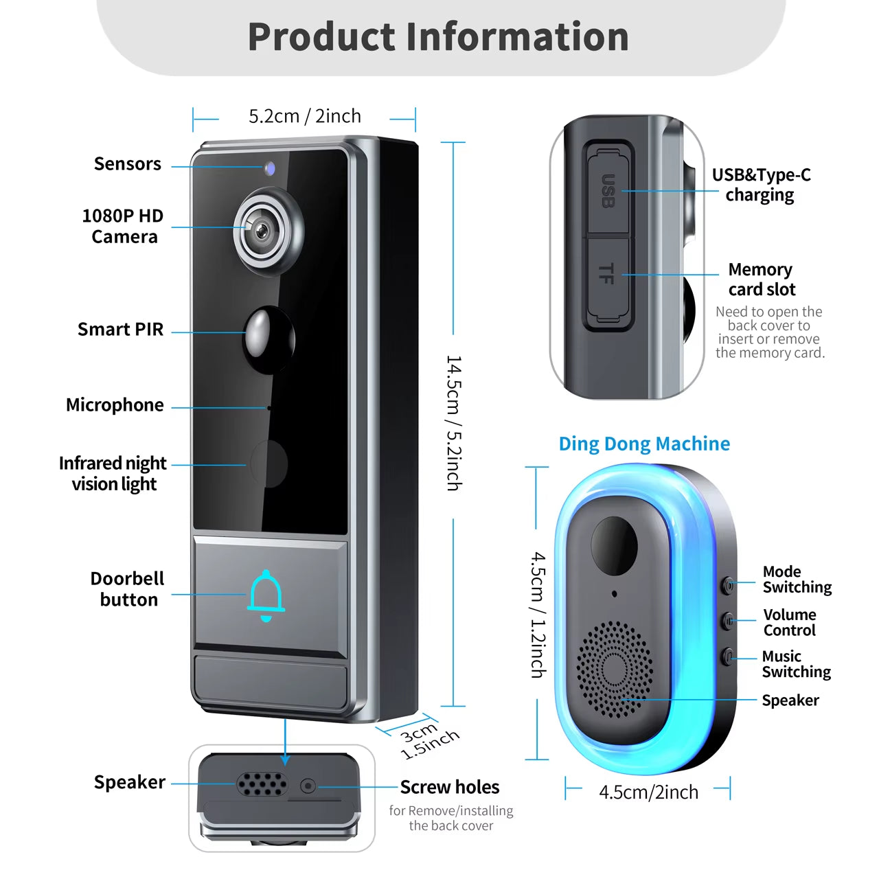 Wireless Wifi Video Doorbell, Night Vision, Photo and Video, 2 Way Audio, Live Notification Live Video, Wireless Security Camera