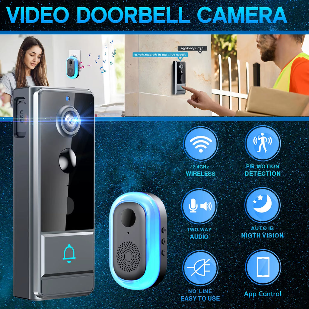 Wireless Wifi Video Doorbell, Night Vision, Photo and Video, 2 Way Audio, Live Notification Live Video, Wireless Security Camera