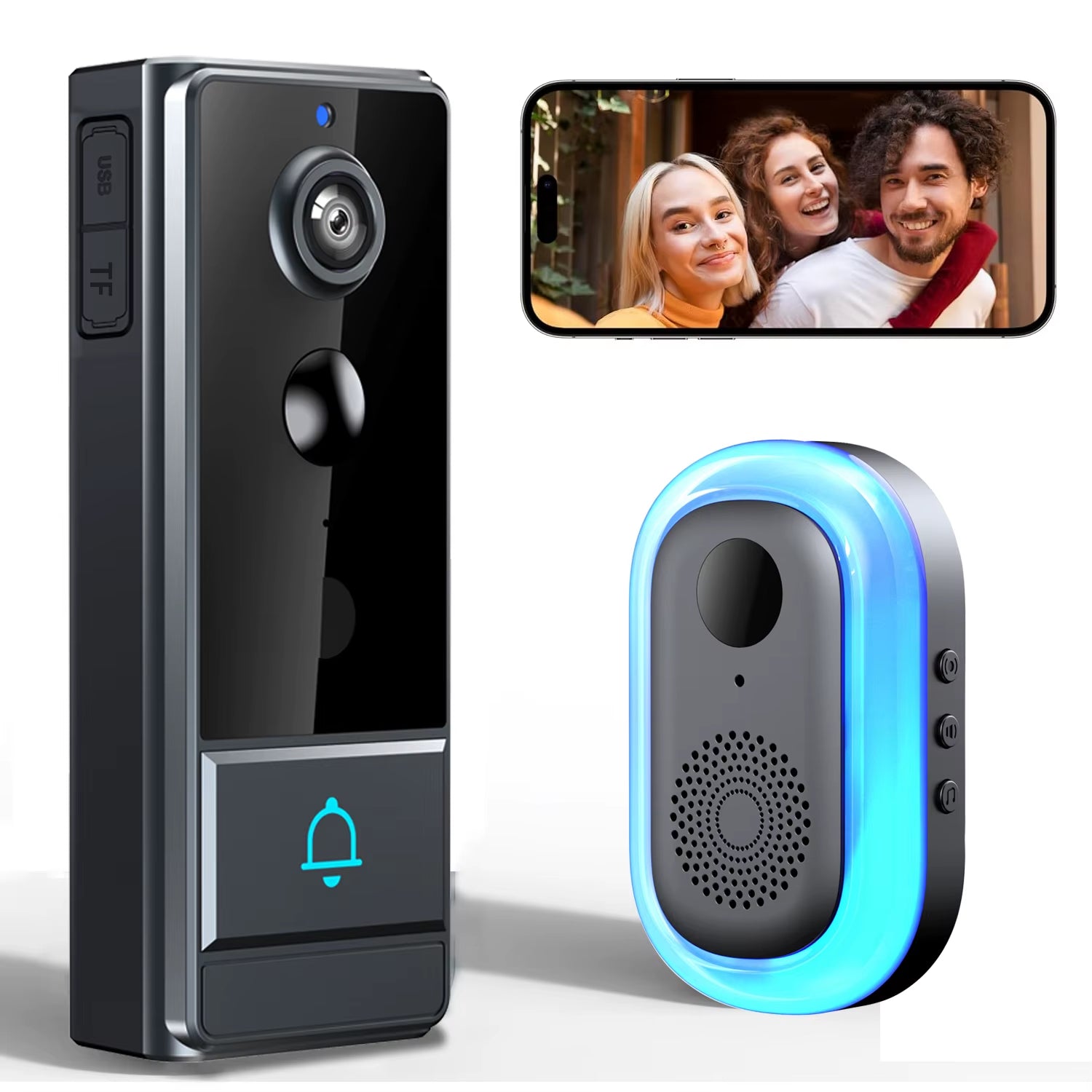 Wireless Wifi Video Doorbell, Night Vision, Photo and Video, 2 Way Audio, Live Notification Live Video, Wireless Security Camera