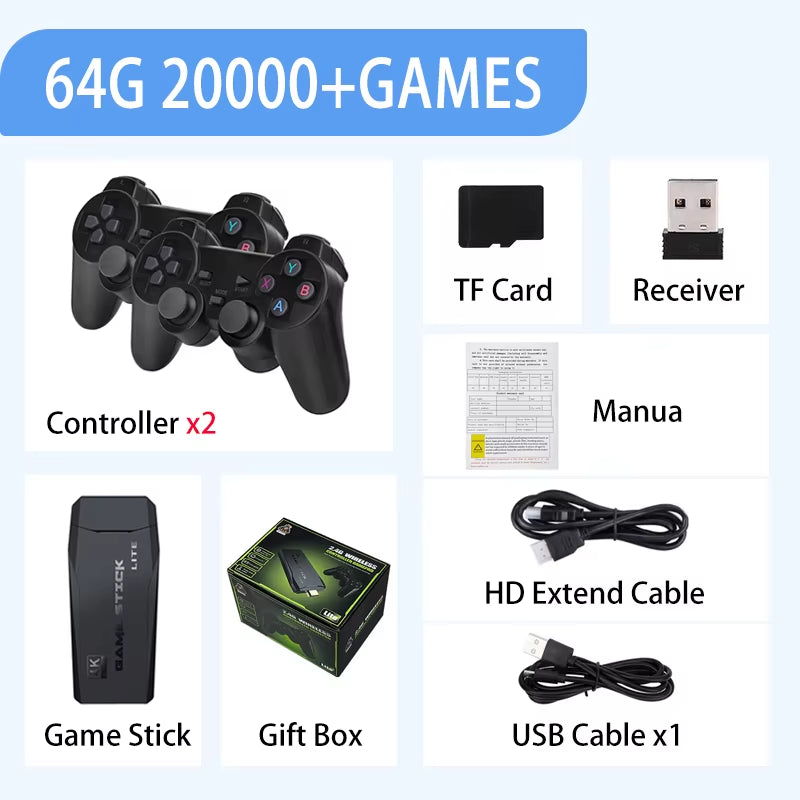 M8 Video Game Stick Video Game Stick Console Lite 4K Video Game M8 Console 64GB Double Wireless Controller Games Kid Xmas Gift